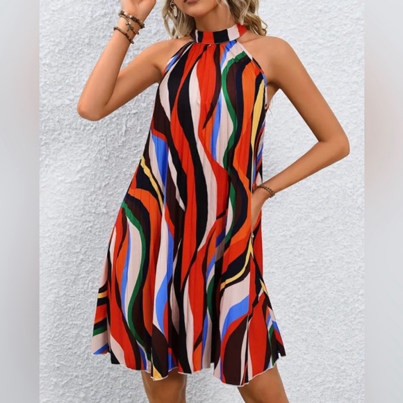 Striped Pleated Halter Neck Dress, Elegant Sleeveless Dress - Picture 6 of 6